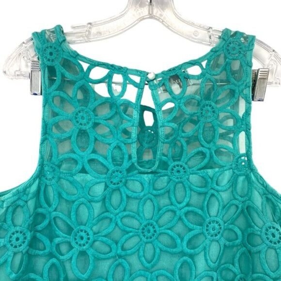 Mud Pie Crochet Eyelet Daisy Sleeveless Teal Shift Dress - Picture 8 of 13